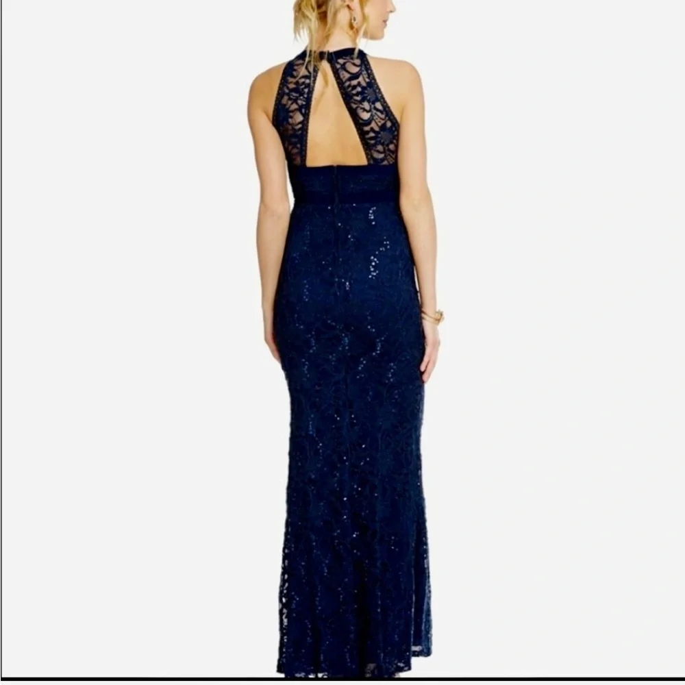 B. Darlin Formal Prom Navy Blue Maxi Dress Gown Lace Sequin Open Back Size 3/4 - Picture 1 of 9